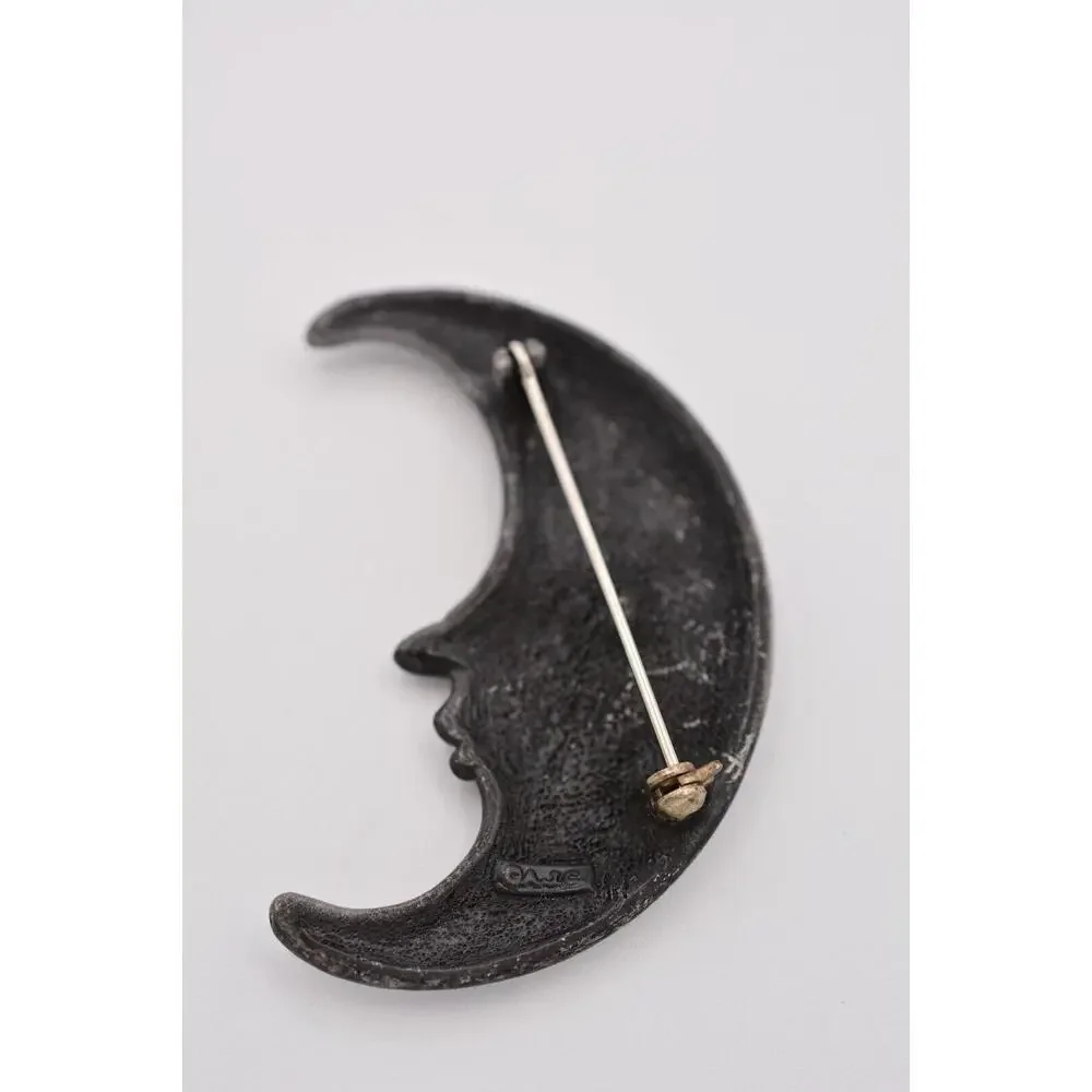 AJC Vintage Celestial Crescent Moon Pin Brooch Face Crystal Signed 1980s BinA18